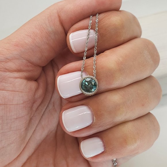 Diamond Bezel Pendant Fancy Turquoise Round Shape 14K White Gold 0.95 Carat - Picture 3 of 8